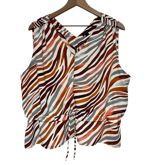 Ann Taylor Zebra Stripe Gathered Tie Waist Top Size XL Sleeveless V-Neck - Picture 2 of 4